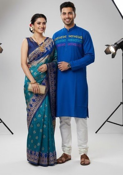 কাপল ড্রেস কালেকশন চান্দুরি সিল্ক শাড়ি ও ধুপিয়ান পাঞ্জাবি